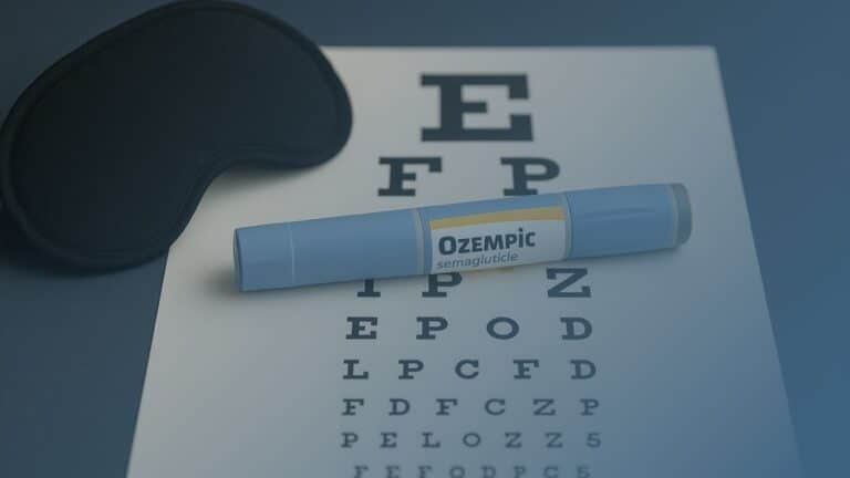 Caneta de Ozempic (semaglutida) sobre uma tabela de teste de visão, representando possíveis efeitos oculares do medicamento.